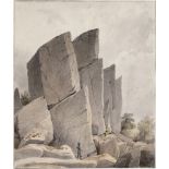 Deutsch: um 1840. Pittoreske Sandsteinfelsen in der Rhön, im Vord...
