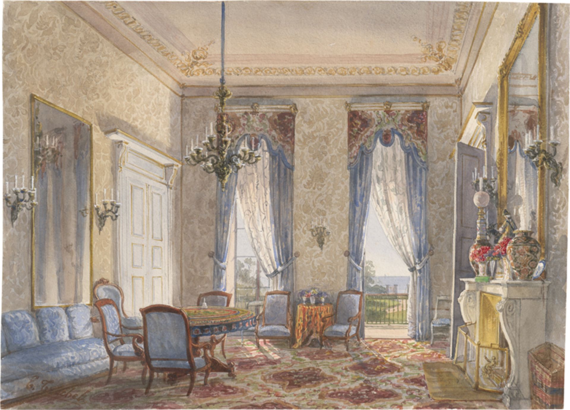 Crachet, E.: Salon der Villa de Orestes in Nizza mit Blick auf das Me...