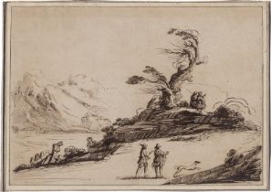 Il Falsario di Guercino: Flusslandschaft mit zwei Wanderern und Hund und einem Pa...