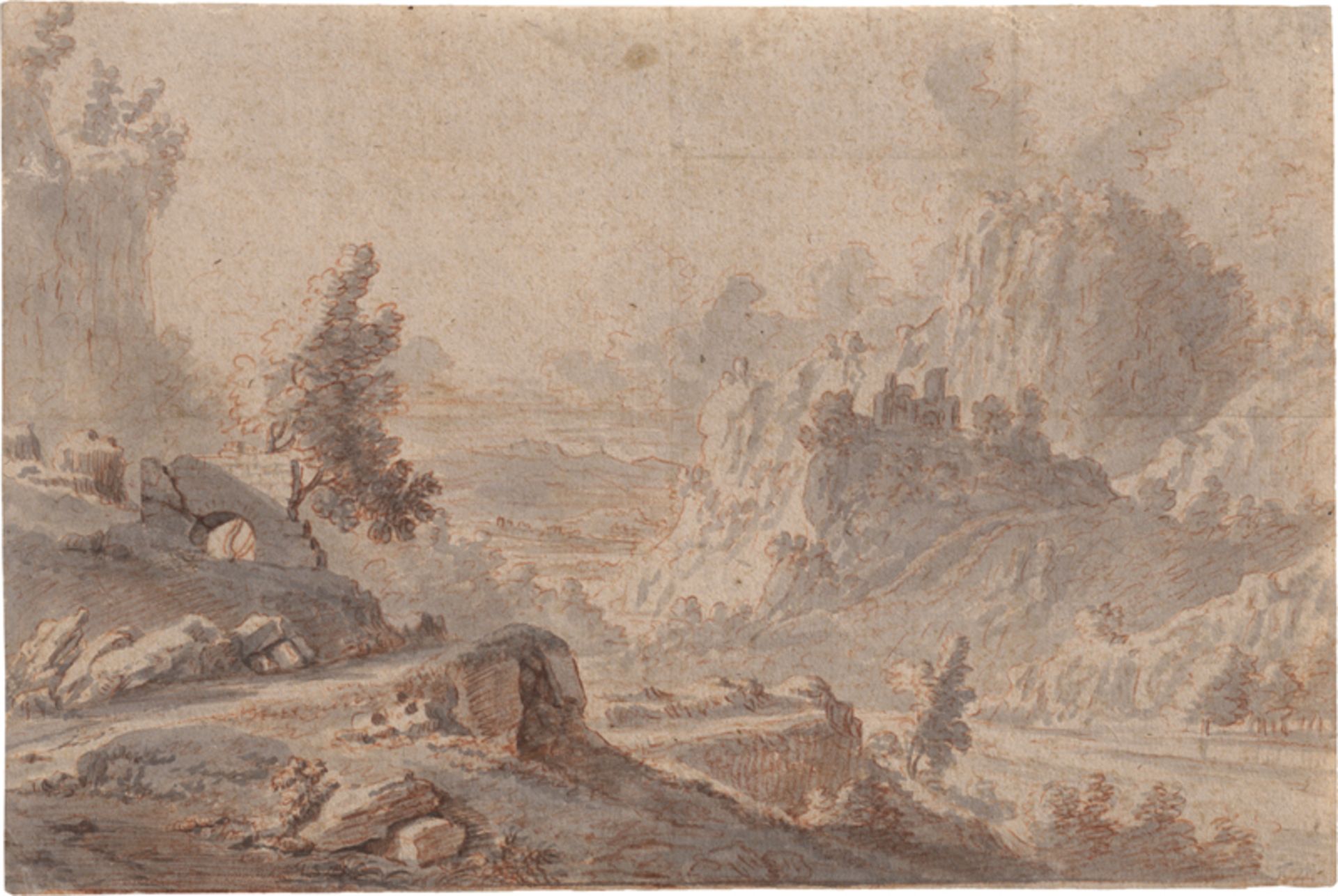 Niederländisch: 17. Jh. Gebirgslandschaft mit Ruine auf einem Felsen