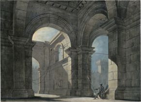 Italienisch: Ende 18. Jh. Eingangshalle einer Festung mit Wachsoldat