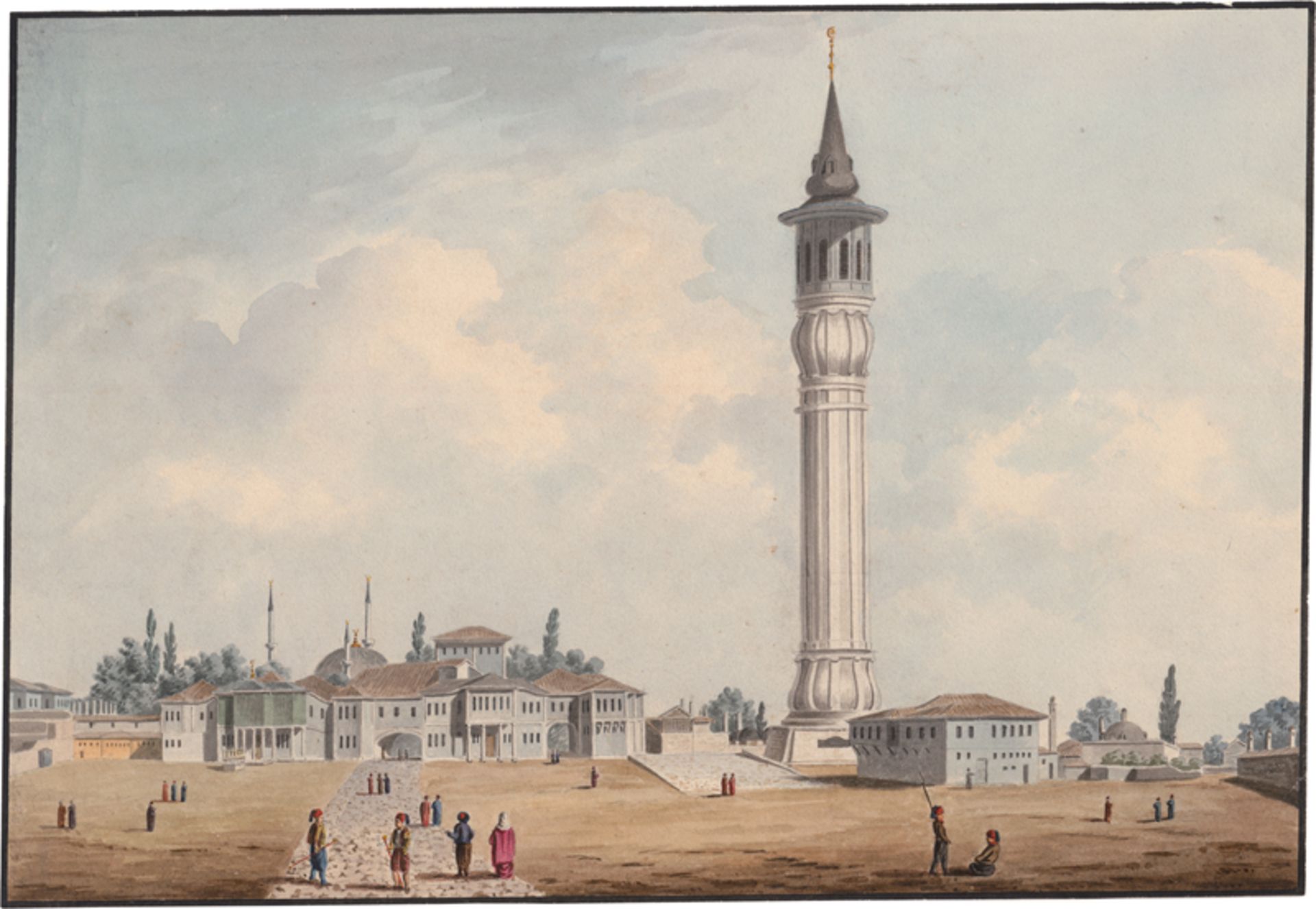 Griechisch: ca. 1809. Vorplatz einer türkischen Moschee mit Minarett...