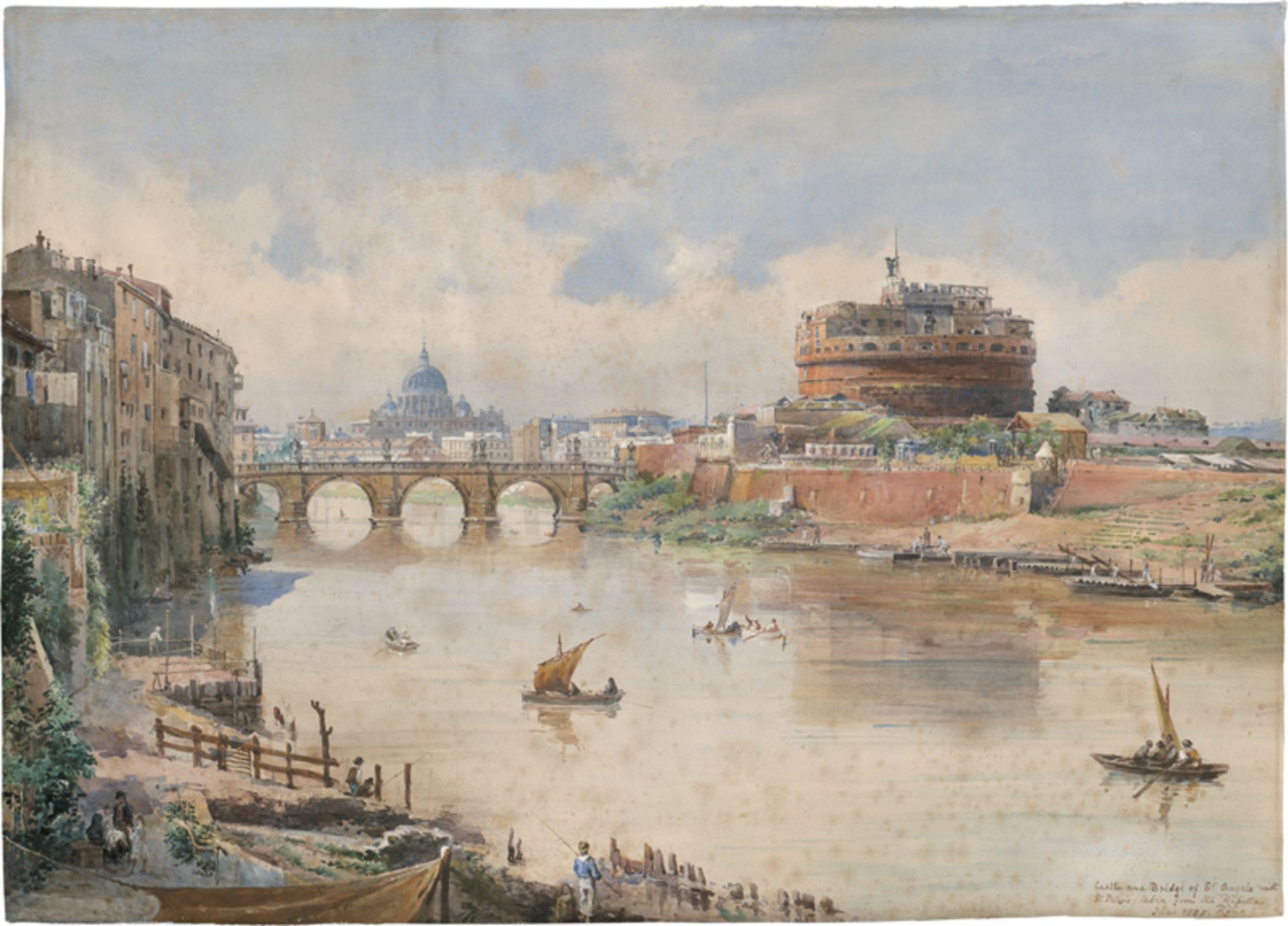 Englisch: 1885. Blick über den Tiber in Rom mit Blick auf die Enge...