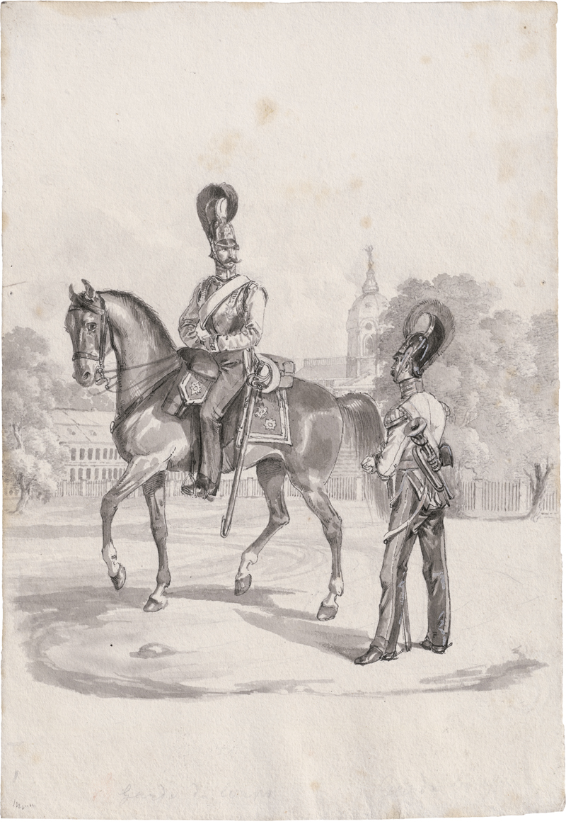 Berlin: um 1800. Zwei Wachsoldaten im Park von Schloss Charlotte...