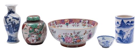 A mixed group of Oriental porcelain, comprising a famille rose punch bowl with floral decoration,