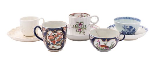A mixed lot of 18th century tea and coffee wares including a Bow white prunus coffee cup,