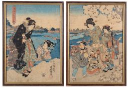 A pair of Japanese woodblocks, one depicting two Geisha beside a river,