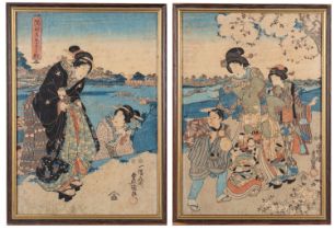 A pair of Japanese woodblocks, one depicting two Geisha beside a river,
