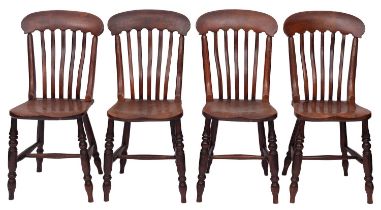 A set of four ash and elm lath back chairs, 19th century; the backrests with arched toprails,