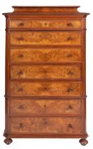 A Continental walnut and burr walnut semainier chest, in late 18th century taste,