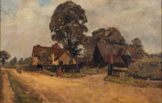 Attributed to Sir Alfred East (British 1844-1913) Figures on a country road with a farmhouse and