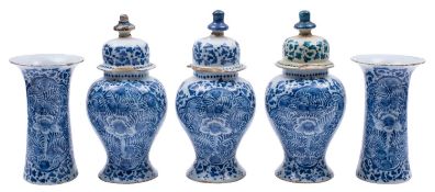 A garniture of five Dutch delft vases,