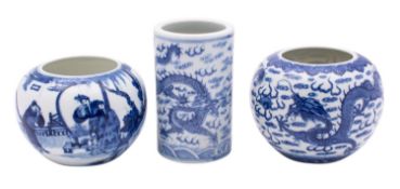 A group of three Chinese blue & white water and brush pots,