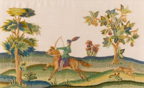 A pair of embroidered woolwork pictures in 18th century style,