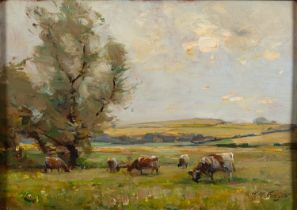 *William Miller Frazer (British,1864-1961) Cattle grazing in an open field Oil on panel 24.5 x 34.