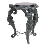 A verdigris patinated metal and marble mounted gueridon in the manner of a tripod Athenienne,