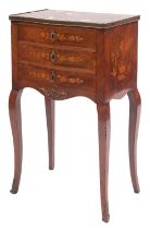 A kingwood, marquetry and marble topped petite commode in Louis XV taste,