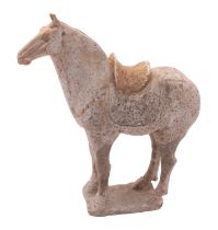 A Chinese painted pottery horse in Tang style standing four-square on plain rectangular base,