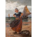 E. Louyot (Continental, 20th Century) Dutch girl collecting shells Oil on canvas 68.5 x 48.