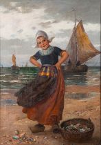 E. Louyot (Continental, 20th Century) Dutch girl collecting shells Oil on canvas 68.5 x 48.