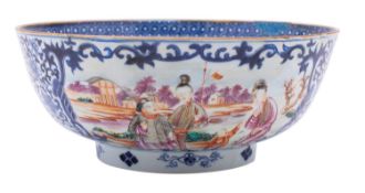 A Chinese famille rose punch bowl painted in the mandarin palette with figural terrace and