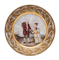 A Paris porcelain plate painted with a young boy and a girl engaging with a traveller on a track,