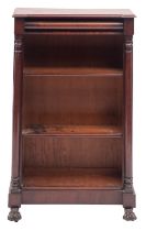 A George IV mahogany open bookcase, circa 1825; the inverted breakfront top with moulded edges,