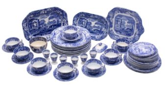 A Spode Italian pattern part tea and dinner service printed in blue, black backstamps,