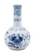 An English blue and white delftware water bottle painted with scrolling flowers and foliage,