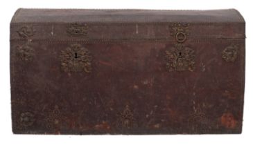 A substantial Continental metal mounted leather covered pine trunk, probably Low Countries,