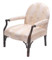 An Edwardian black lacquered and satin upholstered open armchair,
