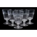 A set of six mid 19th century glass rummers with blaze and slice cut bucket bowls and on knopped