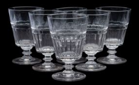 A set of six mid 19th century glass rummers with blaze and slice cut bucket bowls and on knopped