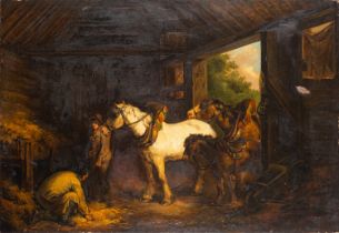 After George Morland (1763-1804) In the stable Oil on canvas 69 x 99cm Signed 'G.