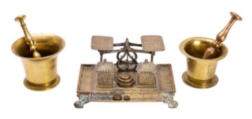 A Victorian brass standish with postal scales,