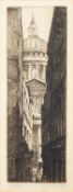Four etchings including a view of Tower Bridge,