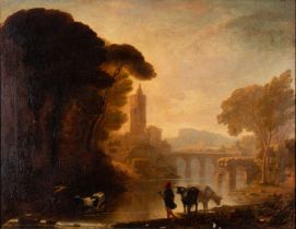 Manner of Richard Wilson (British, 1713 - 1782) Italianate river scene with bridge and castle tower,