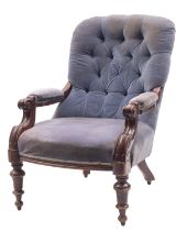 A Victorian mahogany button blue velvet upholstered armchair,