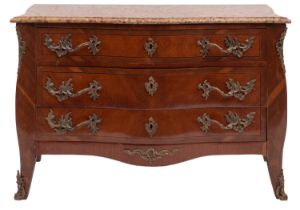 A walnut, parquetry and marble topped serpentine front commode in Louis XV style,