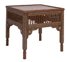 A near Eastern, probably Egyptian hardwood and bone parquetry low table,