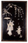 A Japanese shibayama panel, with bone and mother of pearl inlay on a black lacquer ground,