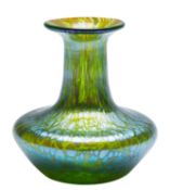 A small Loetz iridescent green glass vase of compressed globular form with slender neck and everted