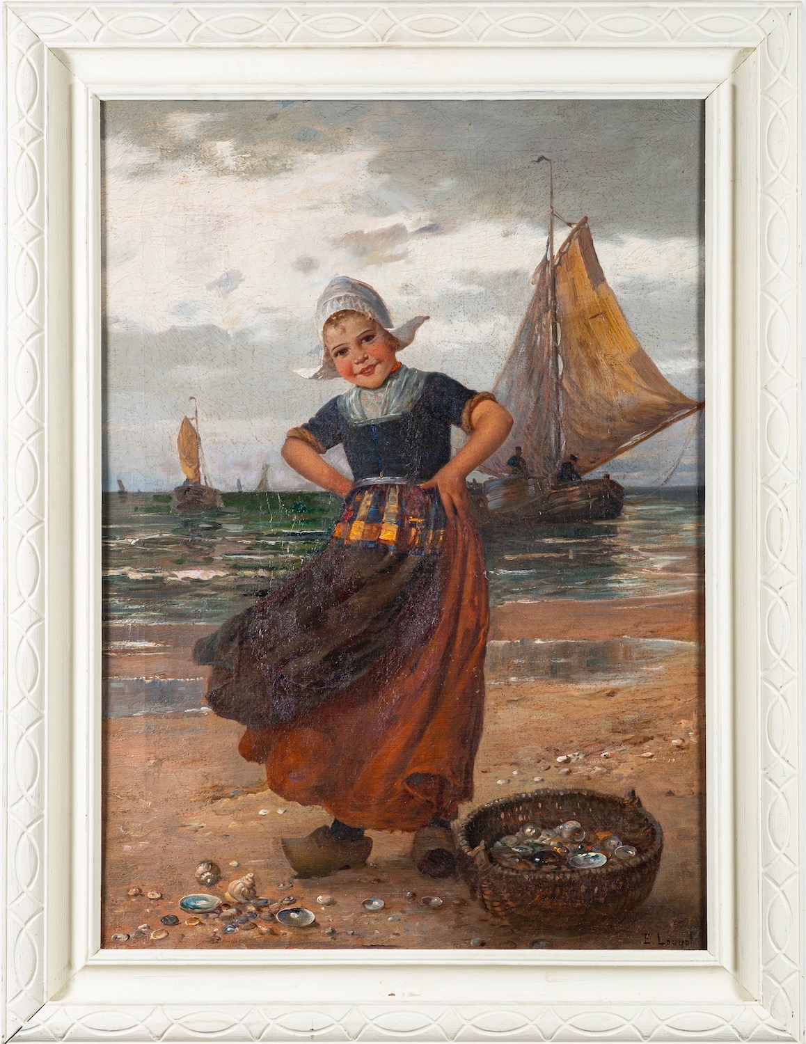 E. Louyot (Continental, 20th Century) Dutch girl collecting shells Oil on canvas 68.5 x 48. - Image 2 of 2