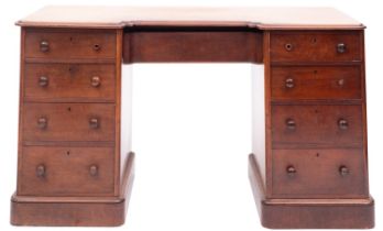 A mahogany inverted breakfront pedestal desk in early 19th century style,