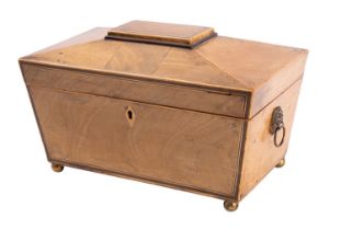 A Regency mahogany and line inlaid tea caddy, early 19th century; of sarcophagus form,