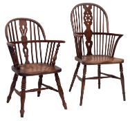 Two Victorian Windsor elbow chairs, late 19th century; one with yew wood wheel back splat,
