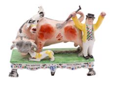 A late Staffordshire pottery bull baiting group in Obadiah Sherratt style,