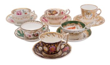 Six various porcelain cups and saucers, including Minton, Ridgway, Rathbone and others,