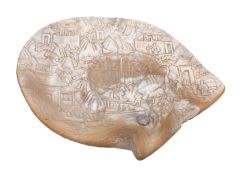 A Chinese mother of pearl shell carved with a lake landscape with figures, boats,