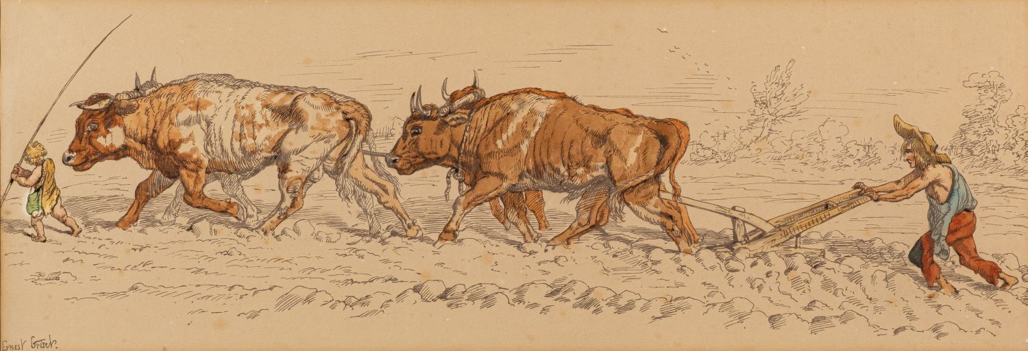 Ernest Henry Griset (French, 1844-1907) Ploughing with oxen Pen, ink and watercolour wash 26 x 74. - Image 2 of 3